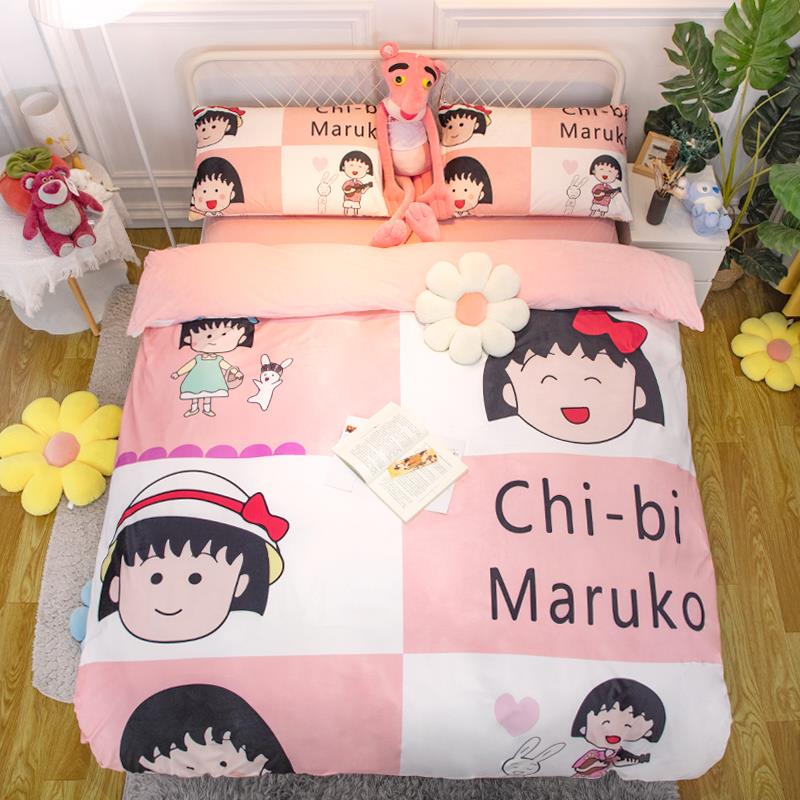 珊瑚绒三件套儿童卡通床上少女心樱桃小丸子四件套冬季保暖加厚