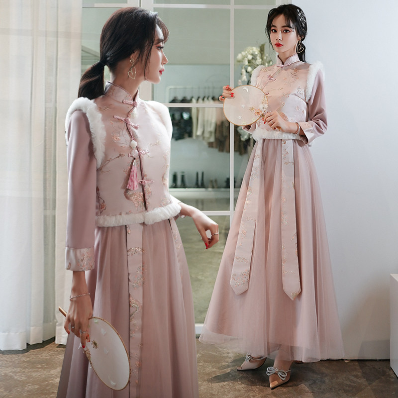 速发伴娘服中式国025新装冬款唐装冬中2风旗袍裙姐妹团礼服冬款冬