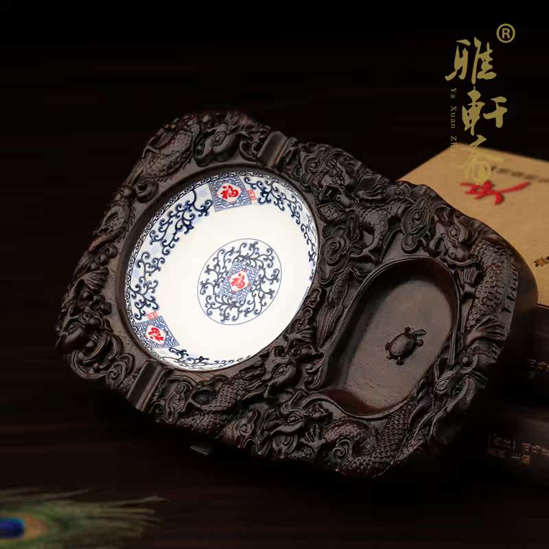 速发号播木红】大【烟灰缸陶瓷黑檀木实木中式青花瓷烟缸时尚