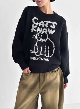 秋冬新款圆领套头毛衣女宽松慵懒风针织衫韩版休闲百搭卡通款甜美