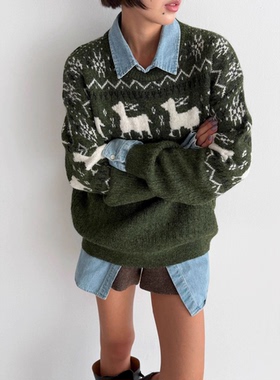 费尔岛复古提花羊毛混纺毛衣女宽松休闲外穿针织衫5针纱线轻暖