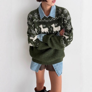 费尔岛复古提花羊毛混纺毛衣女宽松休闲外穿针织衫5针纱线轻暖