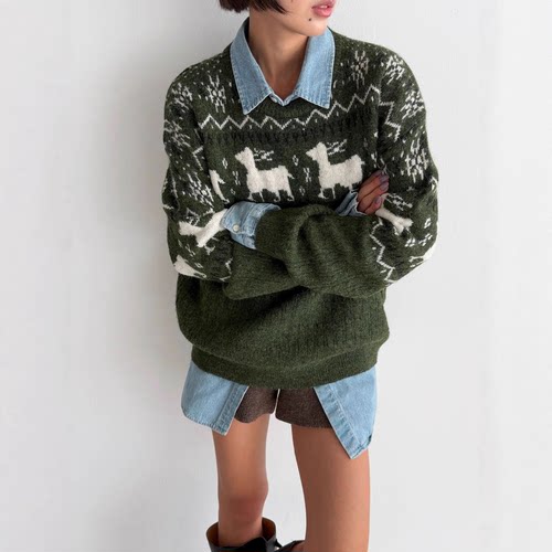 费尔岛提花羊毛混纺轻暖毛衣女