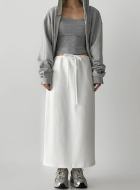 白色抽绳半身长裙女 新款春秋季宽松直筒休闲百搭显瘦中长款裙子