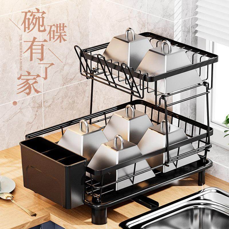 台面水槽置物架碗碟沥水架洗碗池双层白色滤水架子新款碳钢凉碗架