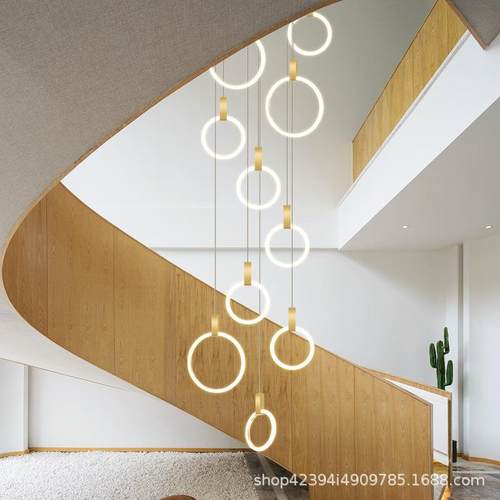 楼梯吊灯简约现代别墅复式楼大厅led长吊灯北欧创意圆形客厅灯具
