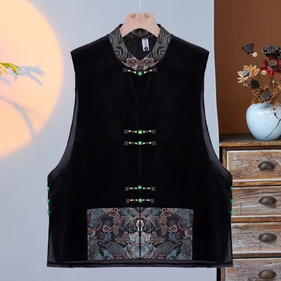 新中式立领重工刺绣丝绒马甲女2024秋冬新款百搭盘扣加棉马夹坎肩
