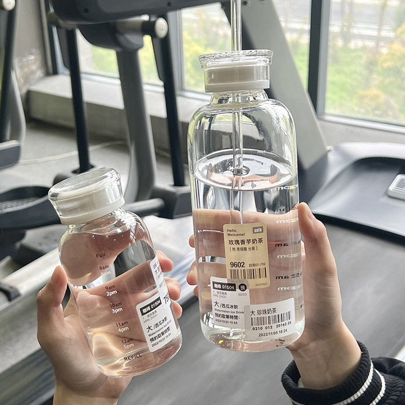 简约玻璃水杯女生高颜值便携带吸管水瓶男士泡茶耐高温户外牛奶杯