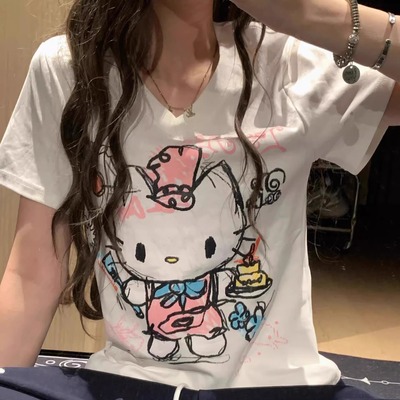 美式复古卡通印花v领短袖T恤女