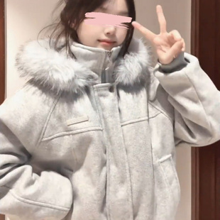 灰色大毛领连帽棉服男女款冬季美式复古毛呢保暖立领外套短款棉衣