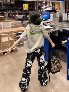 宽松潮牌上衣 t恤女2024新款 美式 复古hiphop树藤字母短袖