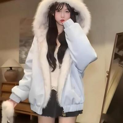 韩系甜美两面穿毛毛连帽棉服外套