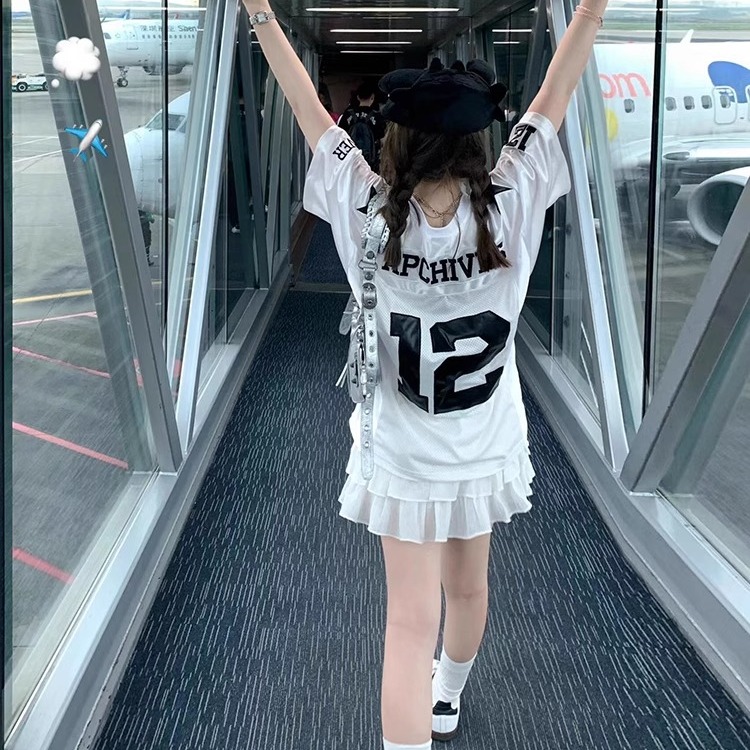 美式复古运动球衣短袖T恤女夏季设计感小众宽松潮牌休闲拼接上衣