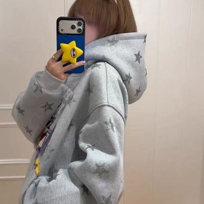 复古星星满印字母连帽卫衣女秋冬