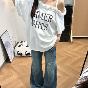 炸街上衣 木耳边单肩斜肩露肩短袖 T恤女2025夏新款 大码 胖mm中长款