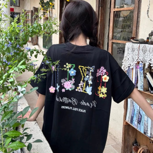 设计感小众上衣 美式 刺绣立体毛线小花软糯短袖 女t恤2025新款 夏季
