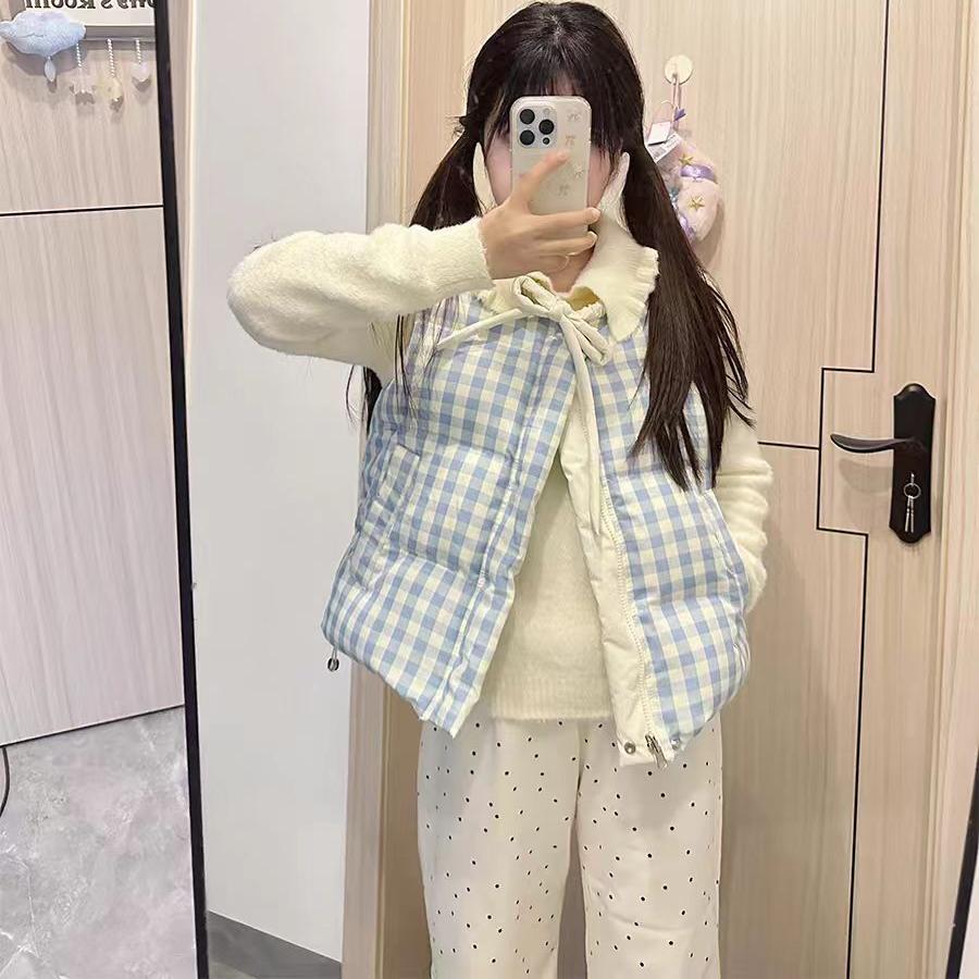 盐系温柔风蝴蝶结双面穿格子马甲