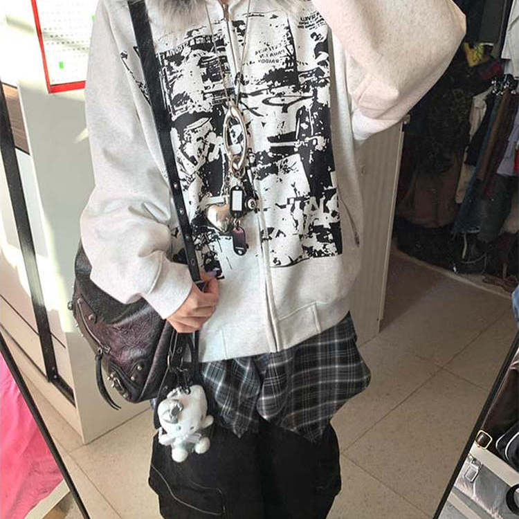 Y2K亚文化重磅连帽拉链卫衣女