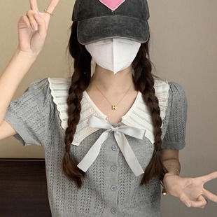 冰丝针织独特绝美 娃娃领短款 上衣女夏季 穿搭法式 高级感小个子短袖