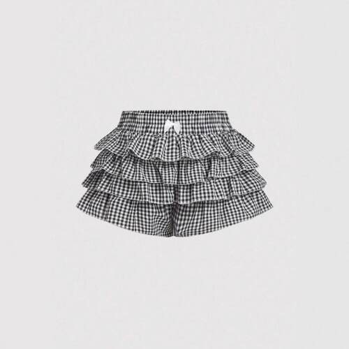 Women's Gingham Bow Tie Short Pants Casual Low-Waist