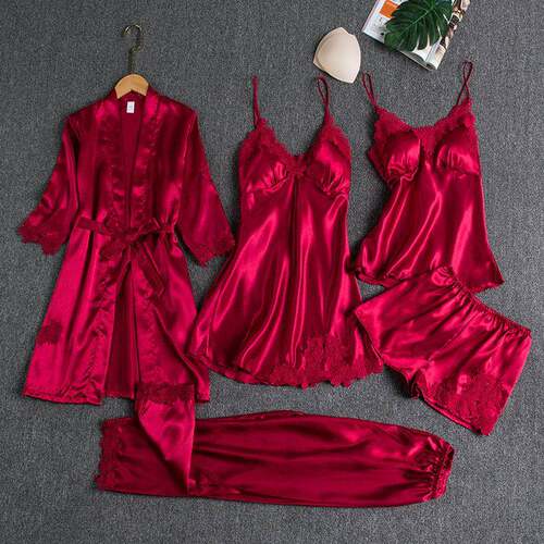 5PC Silk Robe Sleep Suit Womens Lace Satin Pajamas Gown Set