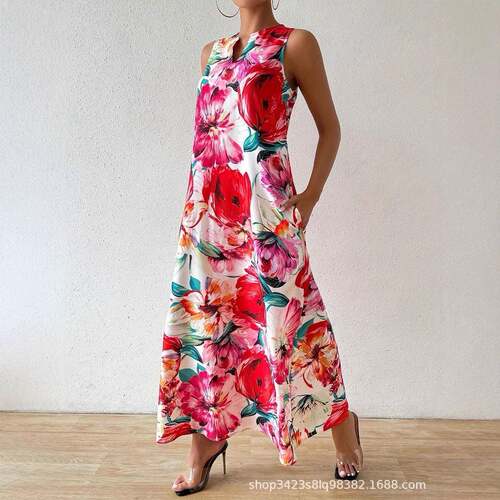 A sleeveless long loose dress for women with a small V-neck
