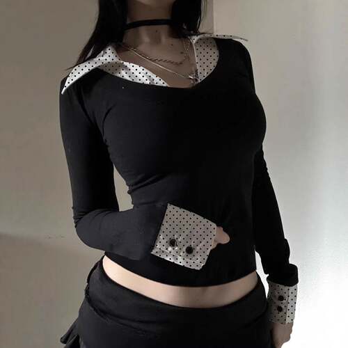 Women's Polka Dot Colorblock Slim-Fit Long Sleeve Top
