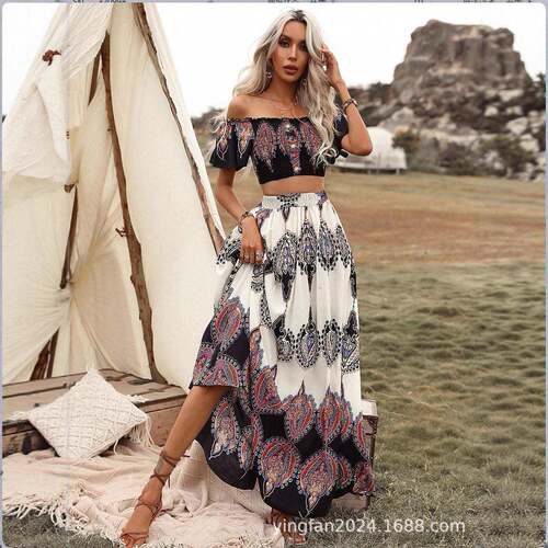 Set Women's Patchwork Print Crop Top & Skirt Boho Bohemian