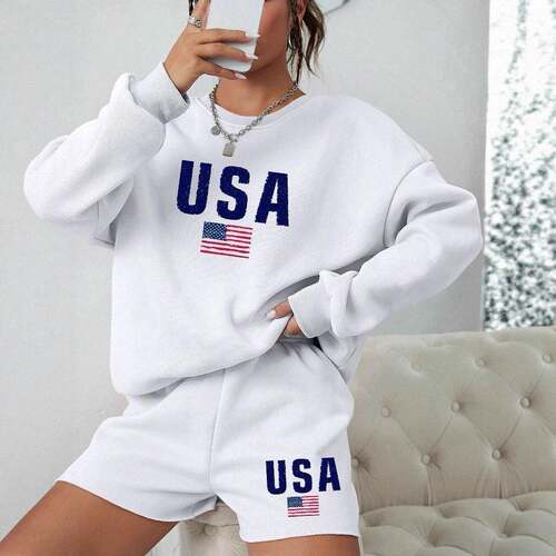 Two-Piece Set Women's Letter Print Crop Tee & Shorts Casual