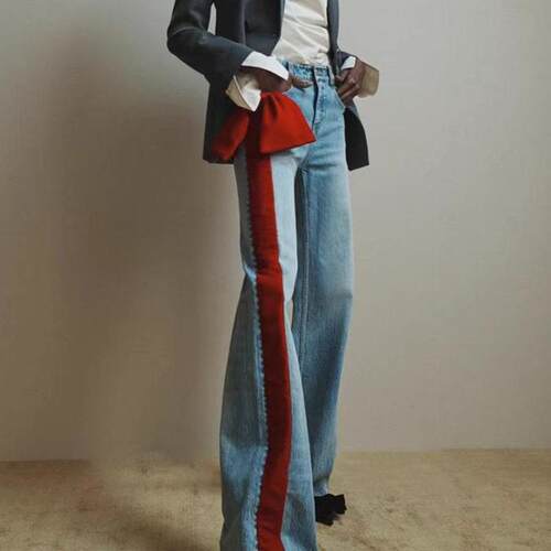 Women's Fall Winter Bow-embellished Blue Jeans No Stretch