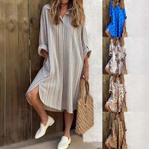 Casual Striped Dress Collared Long Sleeve Side Slit Shirt