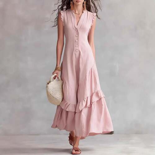 Spring And Summer New Sleeveless Vneck Open Front Long Skirt