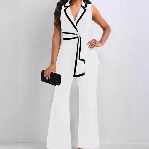 Belted Jumpsuit Long Sleeve Flare Leg Elegant Chic Office &