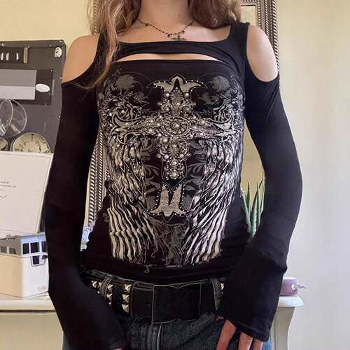 Women's Dark Vintage Print Y2K Hollow Out Shoulder Slim Fit