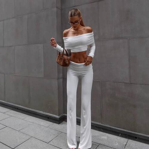 Women's Casual Off-Shoulder Short Top Wide Leg Pants Set