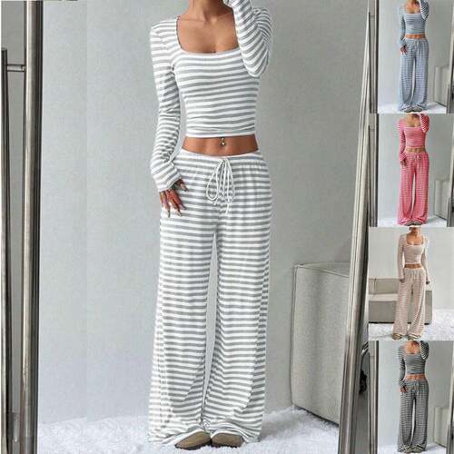 Women's Striped Lounge Set U-Neck Long Sleeve Top &