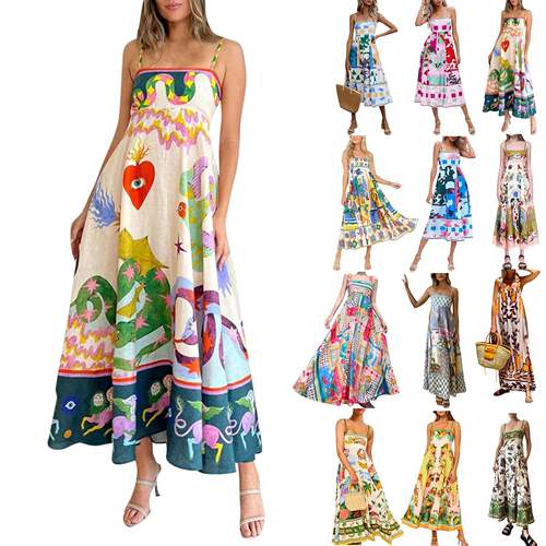 Women Boho Colorful Spaghetti Strap Dress Summer Vacation