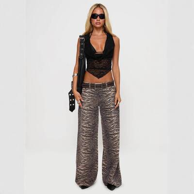 Women's Tiger Striped Denim Pants Fashionable Casual Low