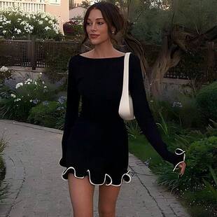 Womens Plain Lettuce Trim Boat Neck Short Dress Casual
