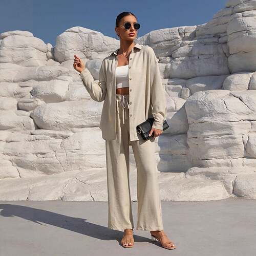 Women's Solid Button Front Shirt & Tie Front Wide Leg Pants