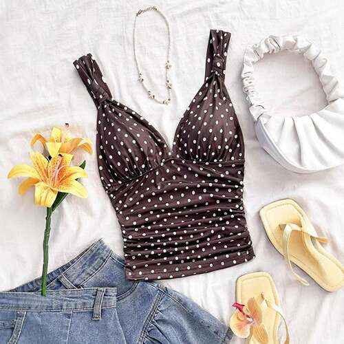 Womens Knitted Polka Dot Deep V Backless Top Sexy Ruched