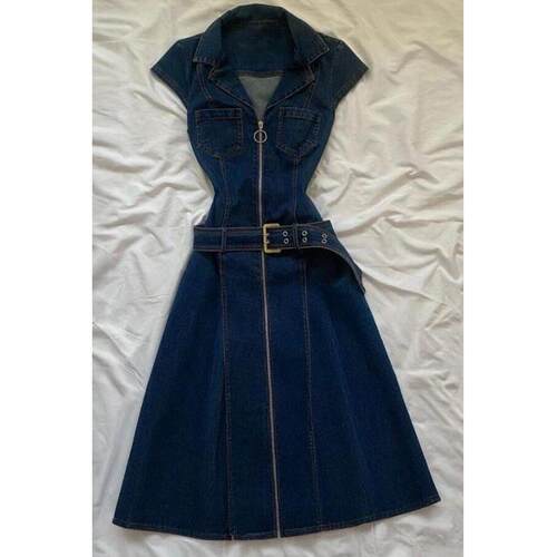 Retro sweet hot girl denim dress summer waist slimming hip