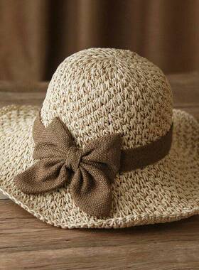 Versatile retro woven handmade straw hat with ruffled bow