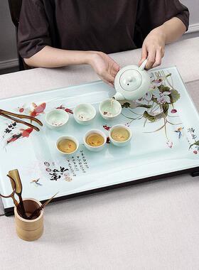 钢化单玻璃茶 盘琉璃简YJ043约功夫托 托盘茶具套组排水式家用茶