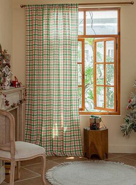 圣诞格子窗格帘北飘欧简约红绿MWK线子打孔半遮光客厅卧免室窗帘