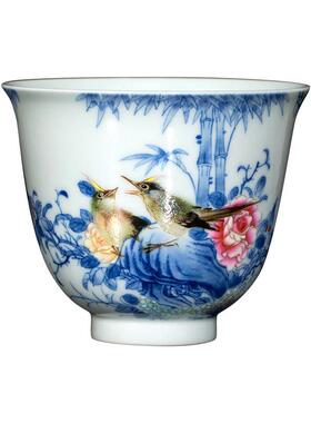 钟杯 钟家窑茶工单杯高级艺美术师万海华青花斗彩ZJY0365柴窑花鸟