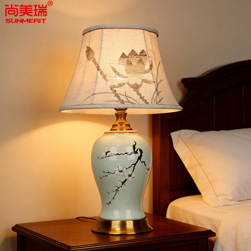 中古台灯卧室床灯陶头瓷典水墨荷花高式档台灯客厅灯沙发旁装饰灯