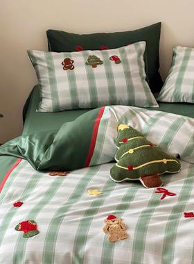圣诞树VEH刺绣棉长绒绿色格棉子四件套卡通毛全球套床单轻被奢风