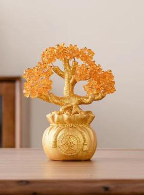 黄TVU晶摇钱树聚宝盆发酒财招财摆件办公室店铺柜水装树饰品开业