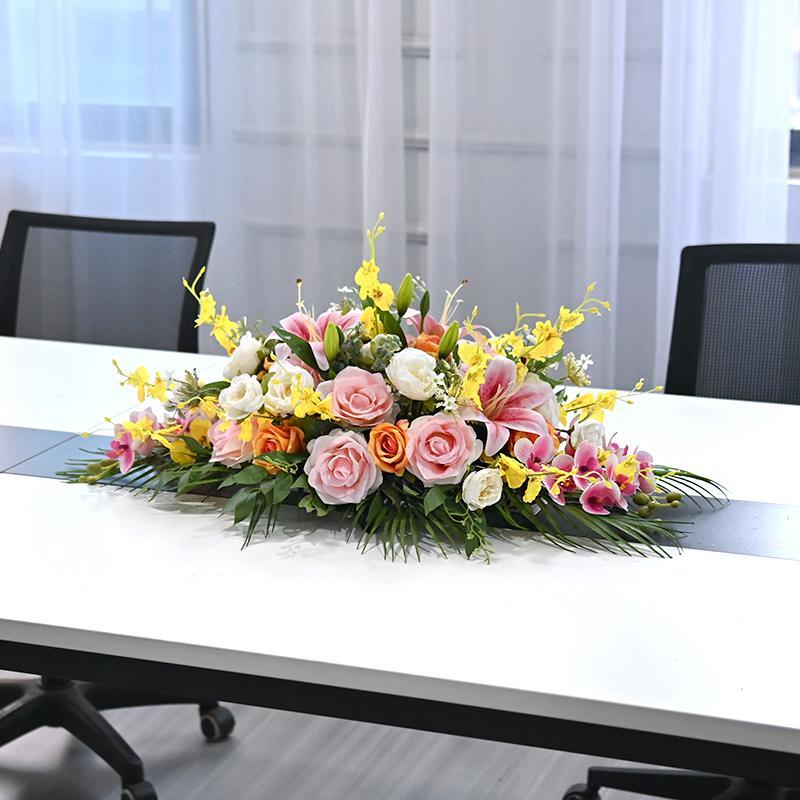 商务会议桌摆花套装会议室假花仿真花摆设签约洽谈桌花长桌花摆件